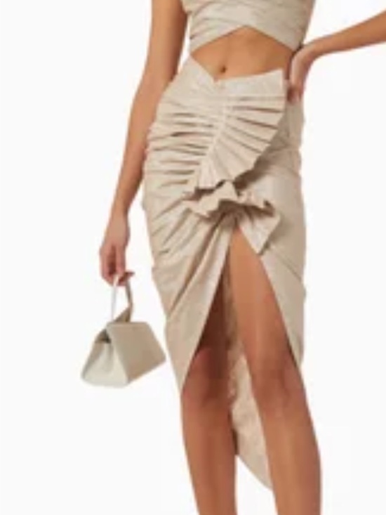 Just Bee Queen Dresses & Skirts - Asymmetrical Cream Ruched High-Slit Midi Skirt